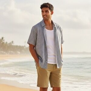 Stone Rose Mens XL Navy White Leaf Print Short Sleeve Button Down FPOSSW23-400